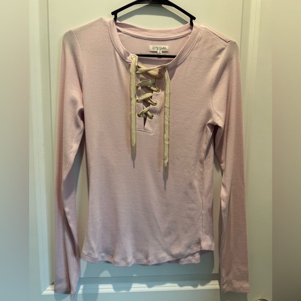 Grey State Light Pink Lace-Up Long Sleeve Top, Sz S